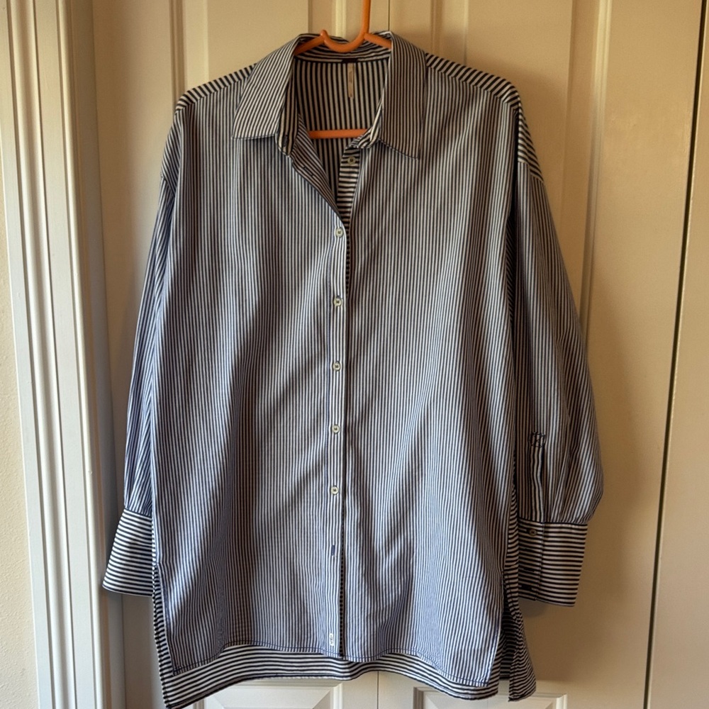 Free People oversized Blue and White Pinstripe Button-Down Shirt